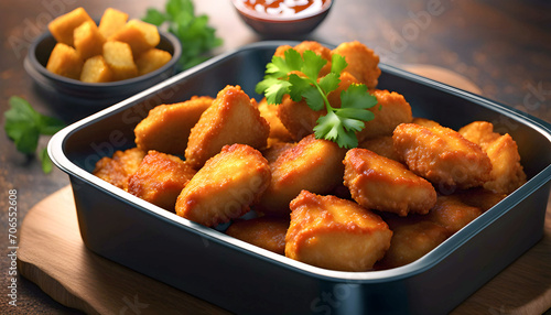 classic chicken nuggets, food in a container, boneless wings or BBQ chicken breast pieces with hot sauce,