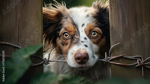 Horizontal AI illustration of an abandoned dog trapped behind a wooden fence. Animals concept.
