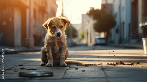 Horizontal AI illustration, little dog abandoned in the street starving and cold. Animals concept. photo