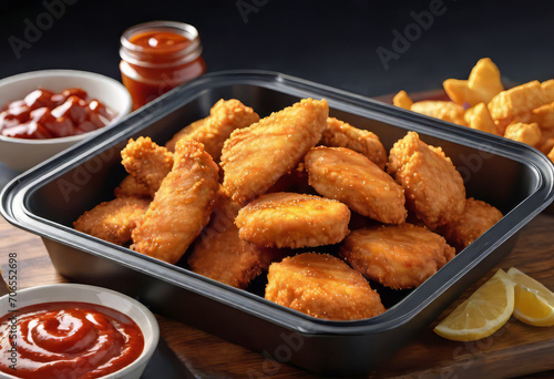 classic chicken nuggets, food in a container, boneless wings or BBQ chicken breast pieces with hot sauce,