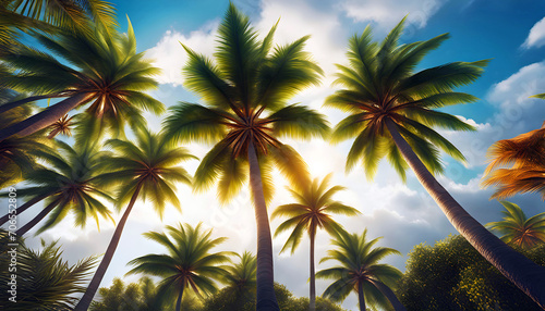 bottom view of palmeras en verano en una playa de mexico  beach holiday on the ocean  beautiful palm trees and sky 