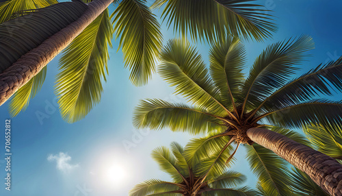 bottom view of palmeras en verano en una playa de mexico  beach holiday on the ocean  beautiful palm trees and sky 