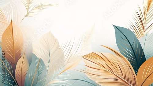 Wallpaper Mural Abstract art background image. Luxury minimal style wallpaper with botanical flowers and leaves, organic shapes. Minimal Design for text, wedding card background, frame, cover. Generative Ai Torontodigital.ca
