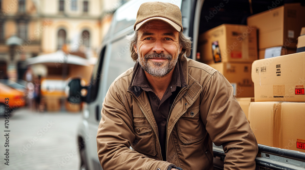 Portrait of a courier man posing near a van full of boxes. Portrait of a courier man posing near a van full of boxes.