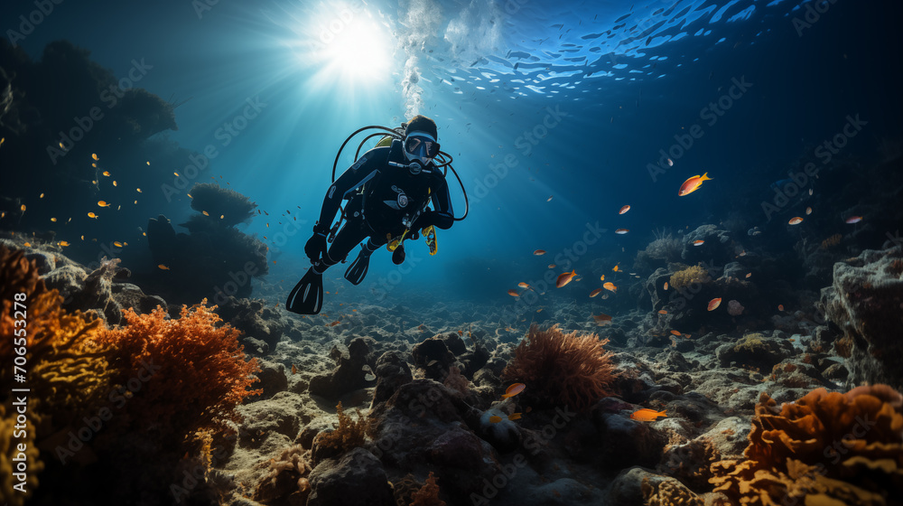 Scuba diver swimming in the blue sea. Underwater photography.
