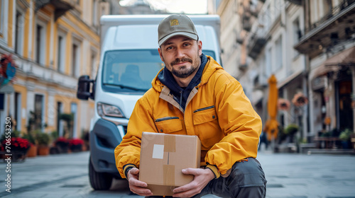 Portrait of a courier man posing near a van full of boxes. 