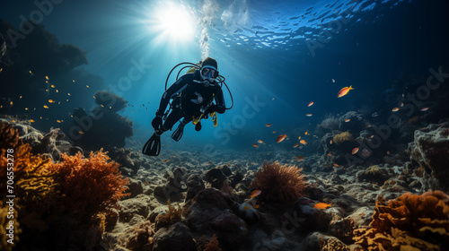 Canvas Print Scuba diver swimming in the blue sea. Underwater photography.