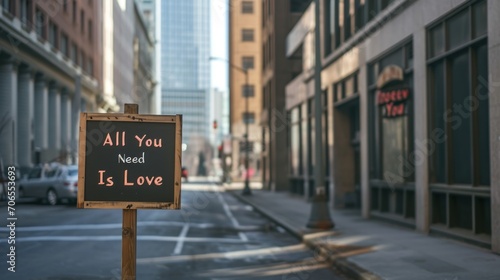  a sign that says all you need is love on the side of a street in front of a tall building.