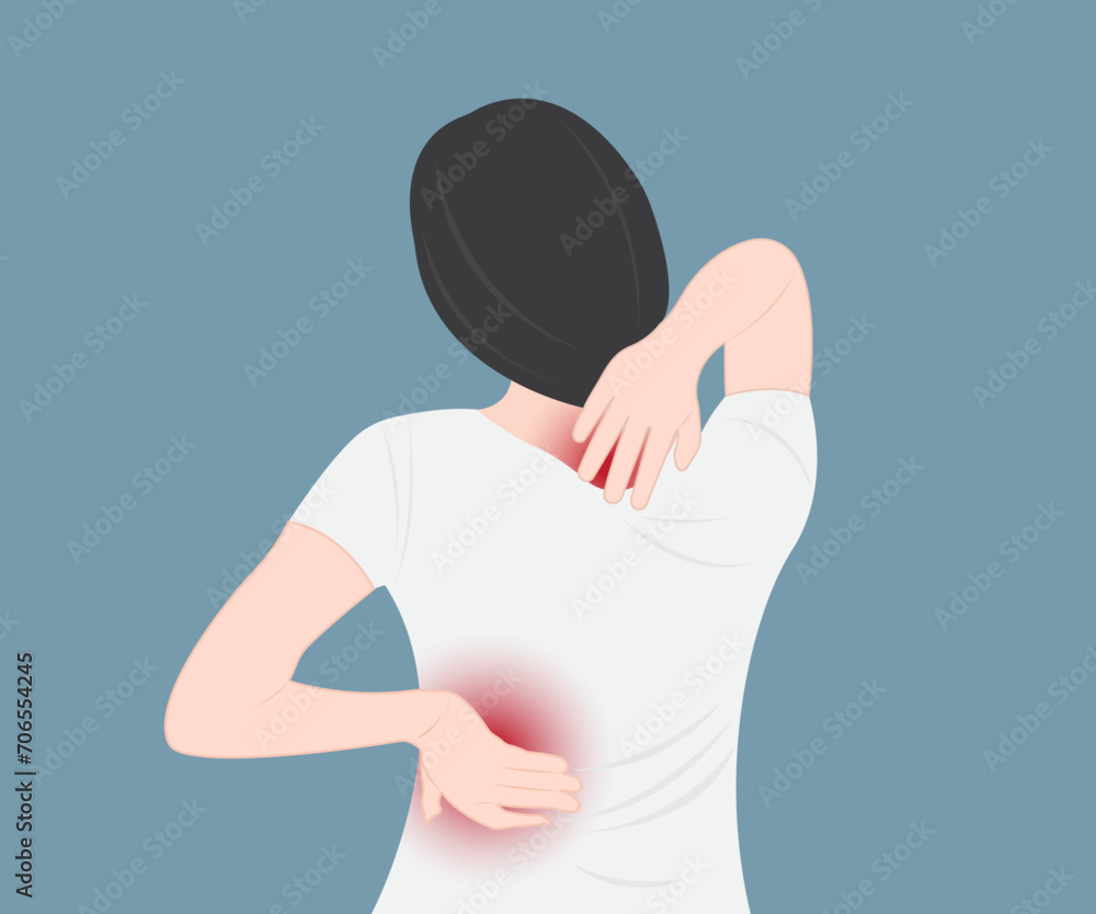 Young woman suffering from back and neck pain and health problems muscles and bones Health concept vector illustration Young woman suffering from back and neck pain and health problems muscles and bones Health concept vector illustration