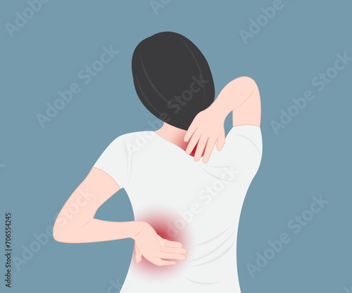 Young woman suffering from back and neck pain and health problems muscles and bones Health concept vector illustration