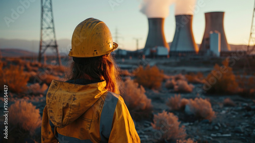 Side view of maintenance engineer supervising the exterior operation of a thermal power plant, wearing a helmet and yellow reflective vest. Generative Ai photo