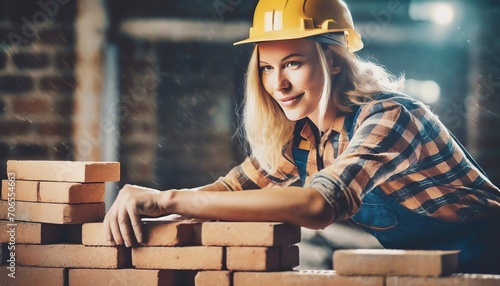 Female Construction Worker Laying Bricks photo