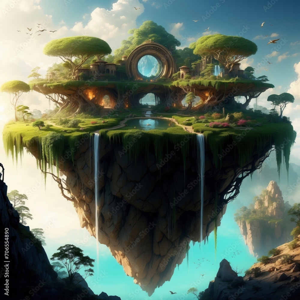 A majestic floating island with lush trees, a waterfall, and an ...