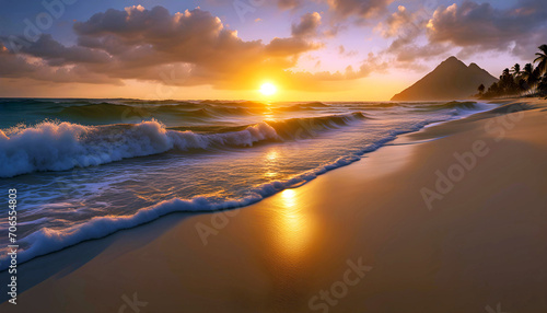 Sunrise over the beach in Mexico, beach holiday on the ocean, beautiful waves and palm trees,