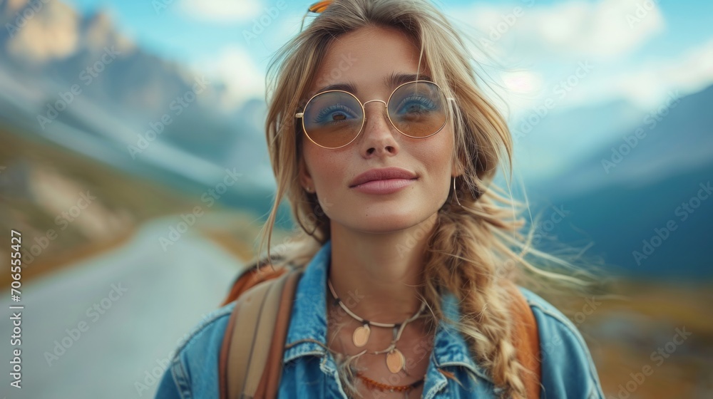 Young beautiful woman traveling by car in the mountains, summer vacation and adventure Young beautiful woman traveling by car in the mountains, summer vacation and adventure