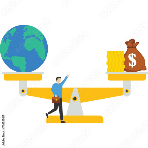 US dollar bag, world globe on balance scale, depicts the difference between the value of a country imports and exports for a given period. Vector flat design illustration.

