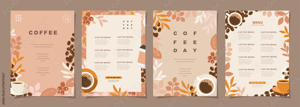 Obraz A set of poster design featuring coffee beans, cups and leaves on a natural art background, perfect for banners, menus, coffee shops, or another design templates. Vector illustration.