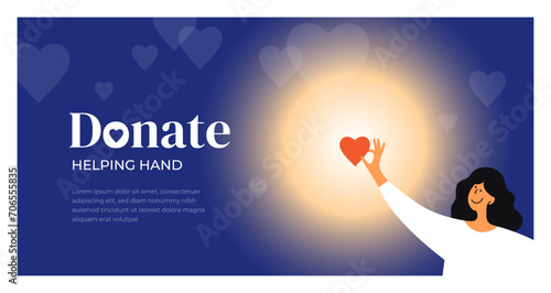 Donation, charity foundation concept template. Female holding heart lighting dark by love. Donate money, blood, give help, social care banner. Helping hand vector illustration. Design element, poster