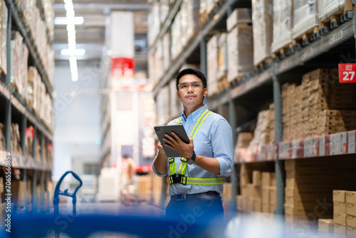 warehouse worker in a blue security suit uses a digital tablet to inspect inventory in a large warehouse. Distribution Center. Logistics and export of business.