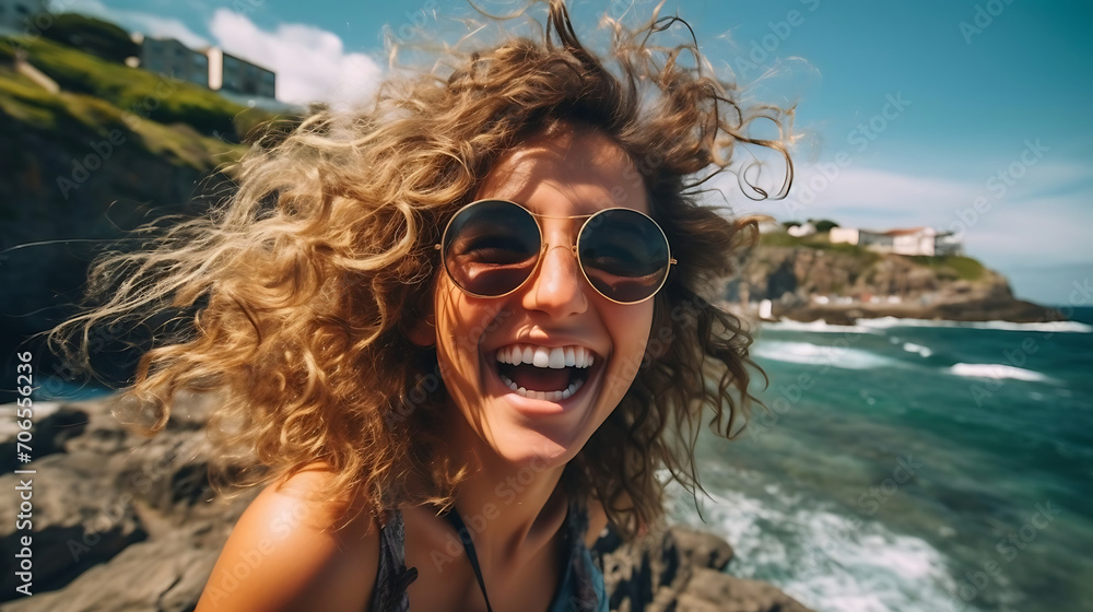 Happy young woman with curly hair and sunglasses on the beach. 