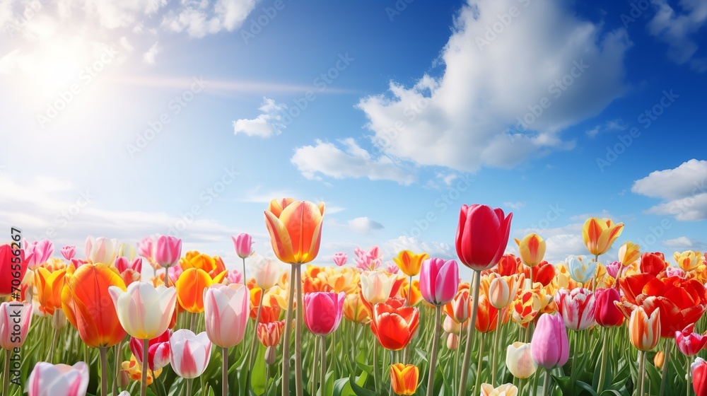 Spring Tulip Delight Under Blue Sky - AI Generated