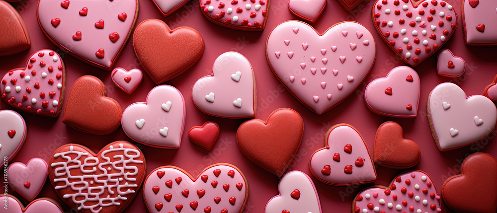  conjunto de galletas con forma de corazón de color rojo y rosa con virutas dulces, sobre bandeja de color rojo, concepto san valentín