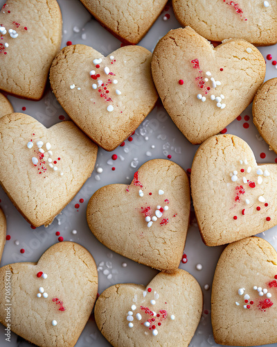 conjunto de galletas con forma de corazón con virutas de colores dulces, sobre soporte blanco, concepto san valentín photo