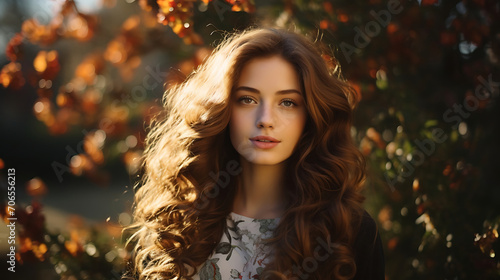 Portrait of a beautiful young woman with long curly hair in the autumn park.