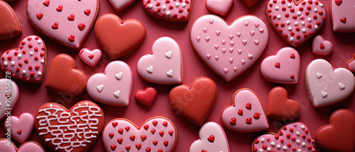  conjunto de galletas con forma de corazón de color rojo y rosa con virutas dulces, sobre bandeja de color rojo, concepto san valentín photo