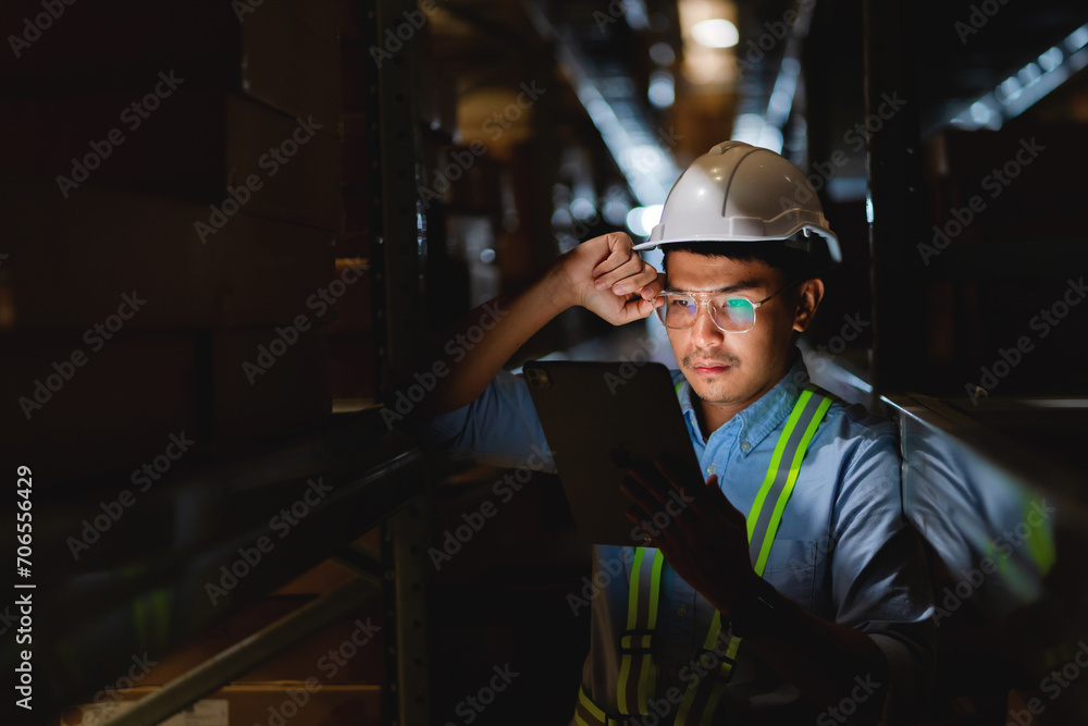 Stressed male manager or worker holding tablet and in warehouse A place to store ideas about workplace problems. Supply chain and warehousing concepts.
