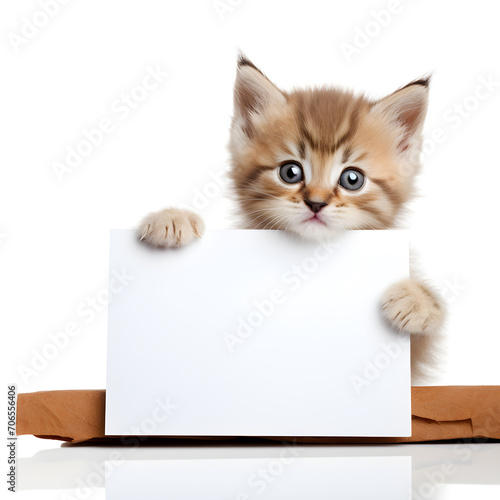 Cute kitten holding a sign with a white background. cat holding a sign with space for copy