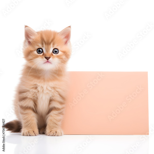 Cute orange kitten holding a sign with a white background. cat holding a sign with space for copy