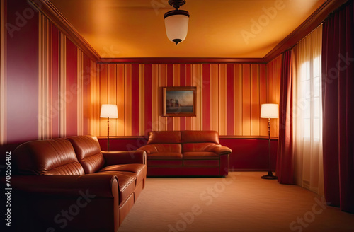 Apartment interior with leather sofas and dim lighting, 80s movie style.