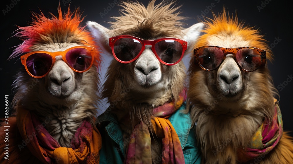 3 Lamas avec pleins de poils humoristiques avec des lunettes de soleil en studio photo 3 Lamas avec pleins de poils humoristiques avec des lunettes de soleil en studio photo