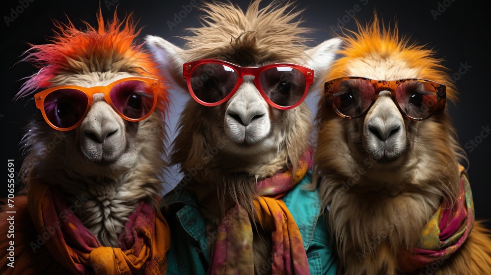 3 Lamas avec pleins de poils humoristiques avec des lunettes de soleil en studio photo