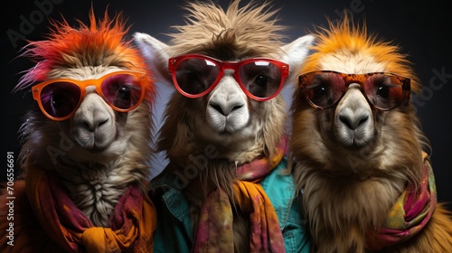 3 Lamas avec pleins de poils humoristiques avec des lunettes de soleil en studio photo