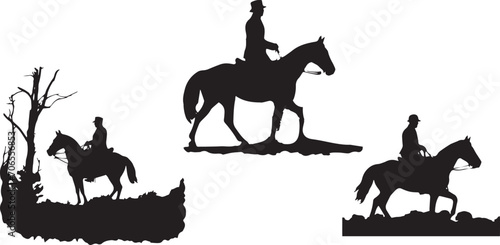 Set of silhouette horse with horseman vector illustration collection