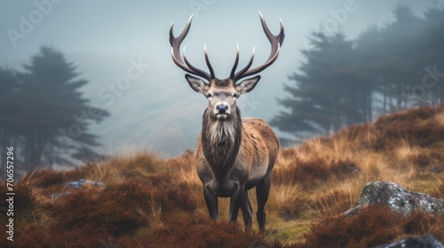 Red deer animal in mist forest