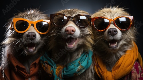 3 animaux avec pleins de poils humoristiques qui rigolent avec des lunettes de soleil en studio photo photo