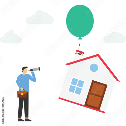 homeowner with telescope at home flying on balloon, house mortgage rate hike, real estate price bubble or housing investment opportunity concept, home loan impact from inflation.

