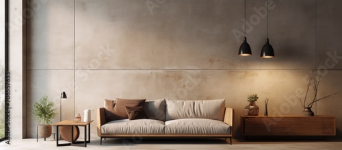 Loft-style living room interior with beige sofa and concrete wall, on white floor.