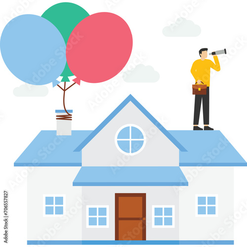 homeowner with telescope at home flying on balloon, house mortgage rate hike, real estate price bubble or housing investment opportunity concept, home loan impact from inflation.


