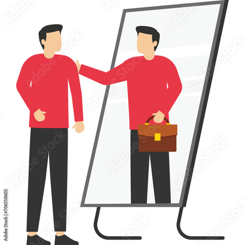 .businessman looking at mirror with his reflection increases his confidence. Self esteem or self care, value strong attitude concept, believe in yourself increase self confidence.

