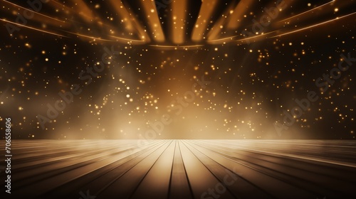 Stage light and golden glitter lights on floor background. Spotlight realistic ray illustration.