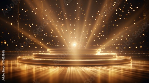 Gold stage scene with spotlight with beam effects decorations and bokeh.