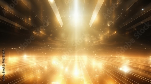 Gold stage scene with glitter light effects decorations and bokeh. Luxury background design concept.