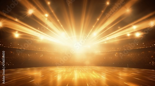 Stage light and golden glitter lights on floor. gold background for display your product. illustration.