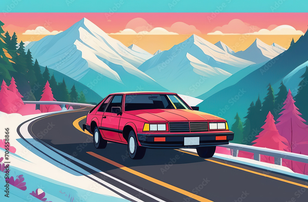 A car from the 80s drives along a winter mountain road. Bright drawing. Travelling by car.