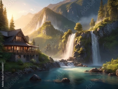 A stunning house nestled by majestic mountains, with a serene lake nearby and a waterfall cascading from a neighboring peak a picturesque afternoon snapshot.