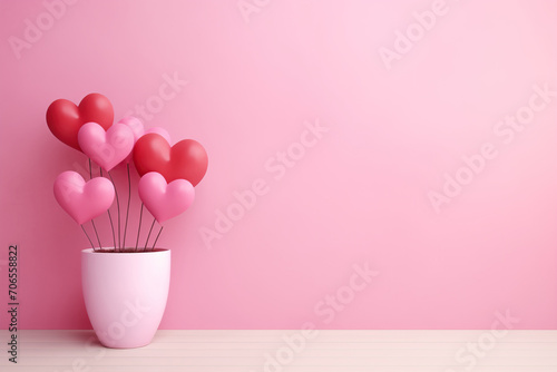 a pot with red and pink balloons in the shape of a heart on pink background.